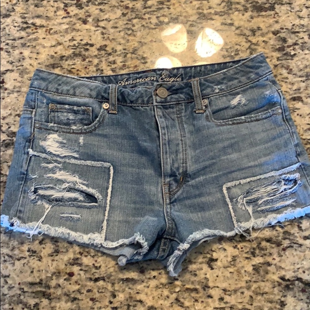 AE distressed 3 button high waisted jean shorts